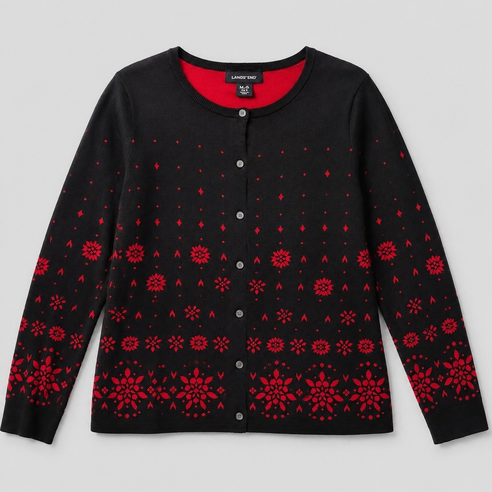 Lands' End Cardigan Sweater Black Red Supima Cotton Fair Isle Snowflake Sz MP